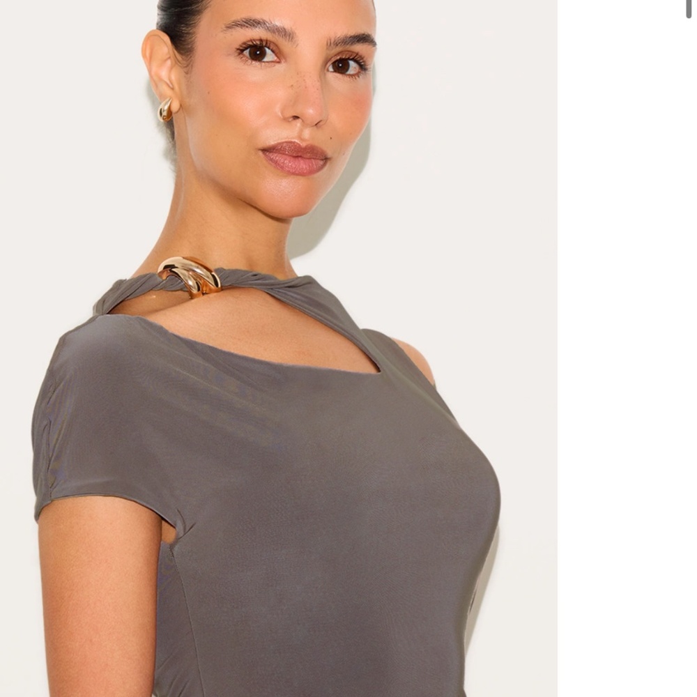 Taupe Maxi Dress with Gold Trim Detail - Picture 4 of 5